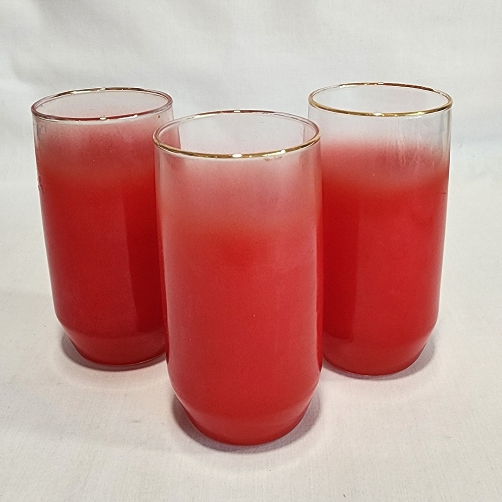 Set of 3 Vintage Blendo Red Frosted Ombre Tumbler Glasses Gold Rim MCM Highball